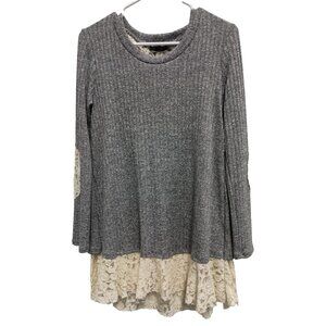 Vision USA Womens‎ Tunic Top Large Gray Lace Trim BOHO Fairy Soft Knit Casual